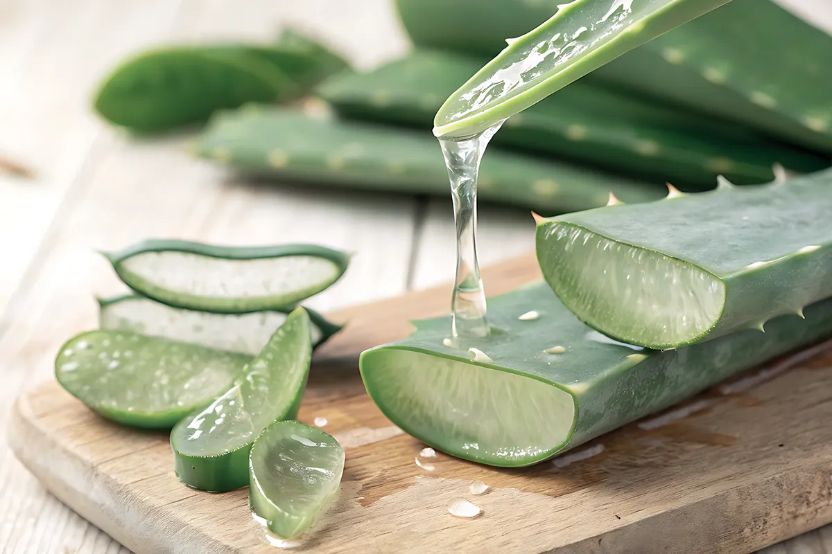 Angeschnittene Aloe Vera Blätter auf Holzunterlagen. Von einem Teil läuft Flüssigkeit