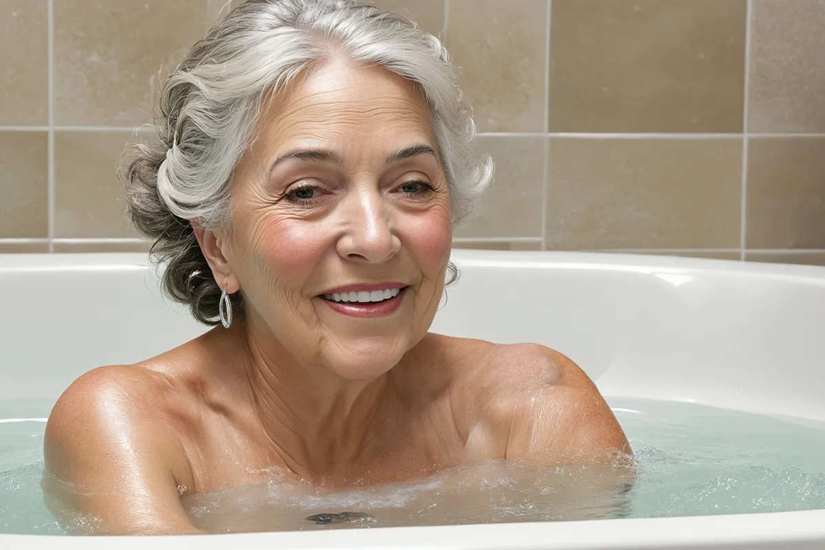 Entzündungen im Analbereich Massnahmen im Alltag Eine ältere weibliche Person in einer Badewanne sitzend