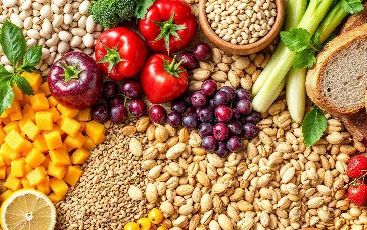 Kollage von hauptsächlich Nüssen und Kernen, aber auch Obst, Gemüse und Brot