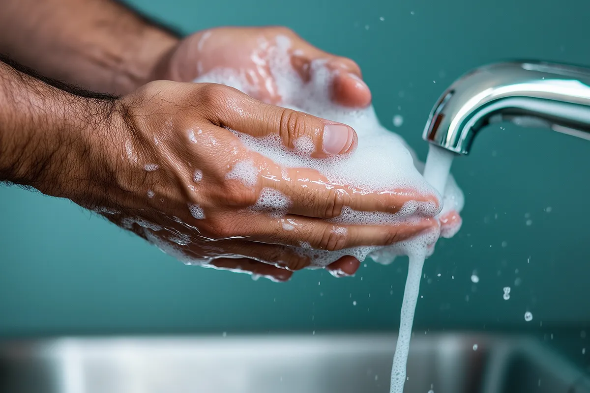 Hände mit viel Seife vor einem laufenden Wasserhahn
