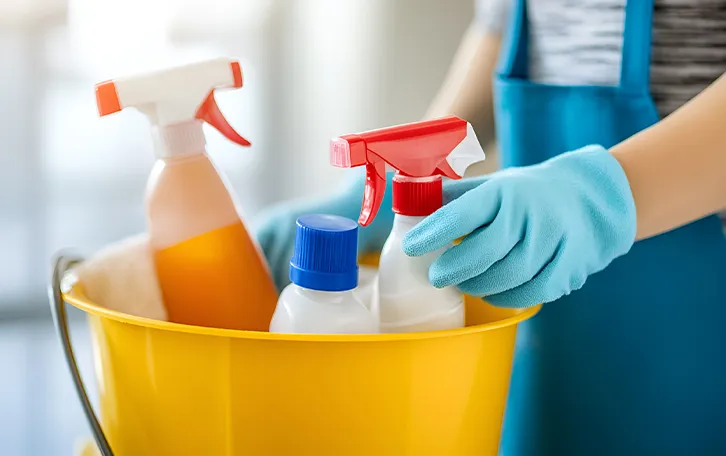 Ein Eimer mit Putzmitteln drinnen und einer Person im Hintergrund