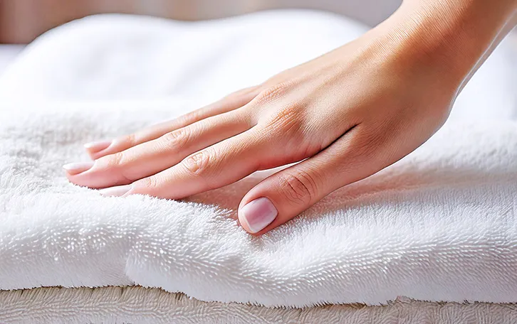 Nahaufnahme einer Hand auf einem Handtücherstapel einer weiblichen Person