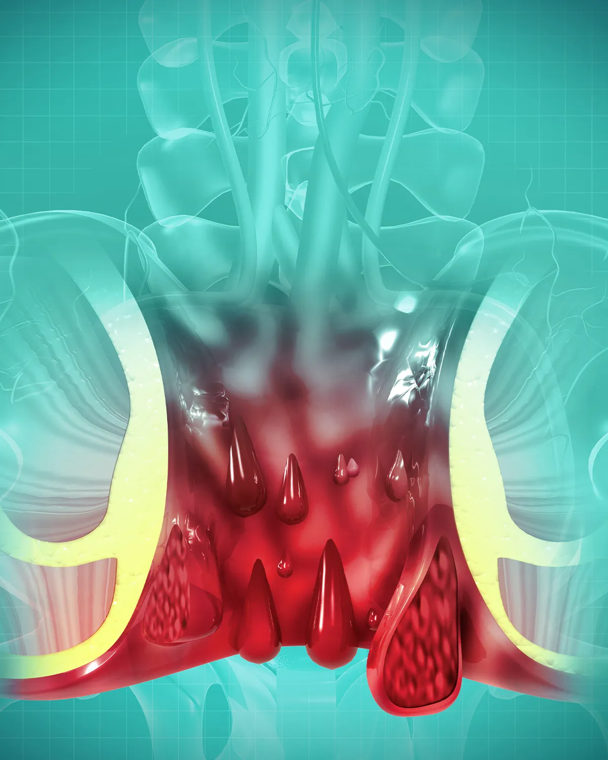 Schemadarstellung des After mit blutige Stellen im Schließmuskelbereich