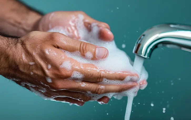 Hände mit viel Seife vor einem laufenden Wasserhahn