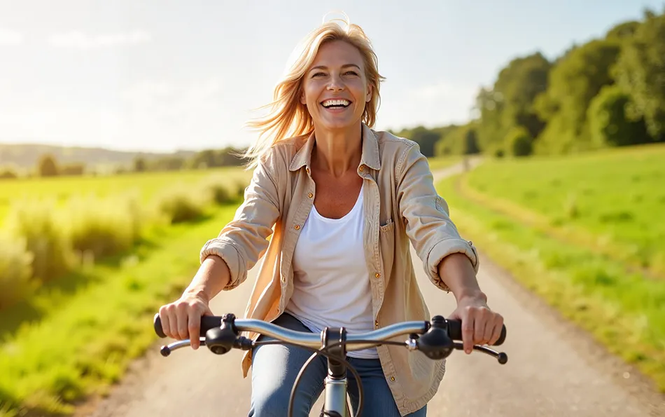 Zäpfchen ungeeignet bei Bewegungsmangel Eine weibliche Person auf dem Fahrrad fahrend zwischen zwei Wiesen mit vielen Bäumen im verschwommenen Hintergrund